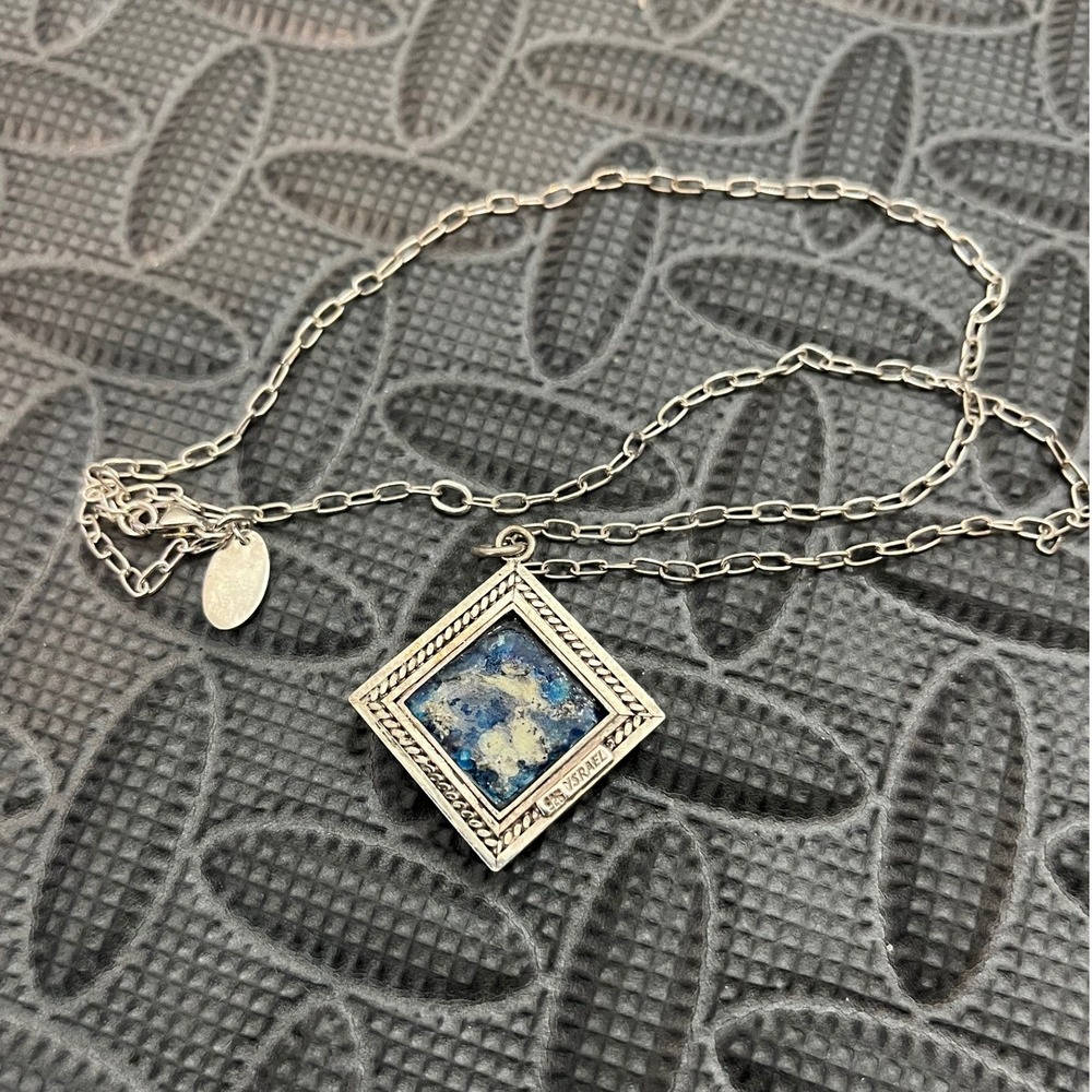 CW Sellors Israel 925 Silver Glass Necklace Women Blue Sterling 925 Square - Picture 3 of 8